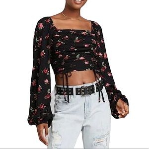 Women’s Floral Print Bishop Long Sleeves Crop Top Size S